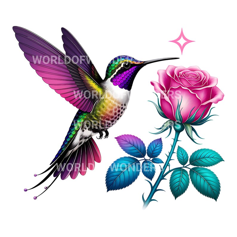 Puede incluir: Ilustraci&oacute;n colorida de un colibr&iacute; con alas moradas y rosas, volando cerca de una rosa rosa. La rosa tiene hojas y tallo turquesa. Una estrella rosa est&aacute; encima de la rosa. El texto "WORLDOF" y "WONDERS" es visible.