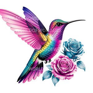 Puede incluir: Ilustraci&oacute;n vibrante de un colibr&iacute; en vuelo, con un espectro de colores que va del rosa y morado al turquesa y amarillo. El ave est&aacute; cerca de dos rosas, una rosa y otra azul, con el texto "WORLD OF WONDERS".
