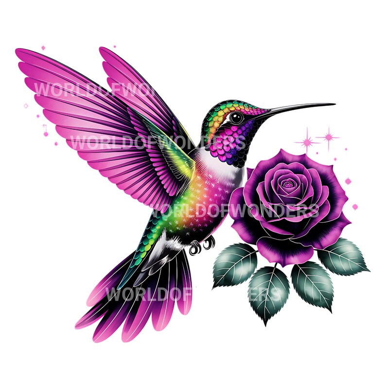Puede incluir: Una vibrante ilustraci&oacute;n de un colibr&iacute; con alas rosas y un cuerpo multicolor, flotando cerca de una rosa p&uacute;rpura. La imagen incluye el texto "WORLDOF WONDERS" en varios lugares.