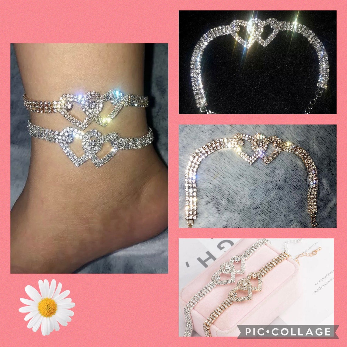 Double Hearted Rhinestone Ankle Bracelets Comes in Gold or Silver Etsy