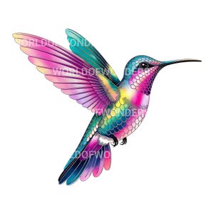 Puede incluir: Ilustraci&oacute;n vibrante de un colibr&iacute; en vuelo, mostrando un espectro de colores. Las alas del ave exhiben tonos de rosa, morado y turquesa, mientras que su cuerpo presenta una mezcla de azul, amarillo y rosa. La imagen est&aacute; sobre un fondo blanco.