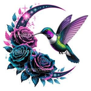 Puede incluir: Ilustraci&oacute;n vibrante de un colibr&iacute; con plumas iridiscentes verdes, moradas y azules, cerca de una luna creciente y rosas. Las rosas son turquesas y rosas, con gotas de agua. El texto "WORLD OF WONDERS" es visible.
