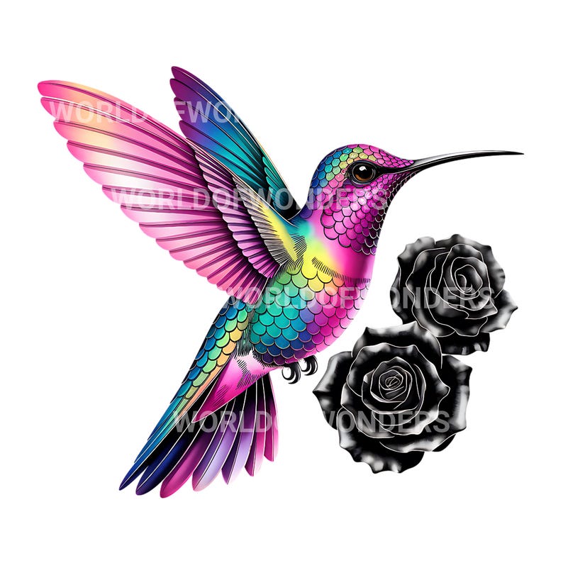 Puede incluir: Ilustraci&oacute;n vibrante de un colibr&iacute; con plumas y alas de colores del arco&iacute;ris, sobre un fondo blanco. Dos rosas negras est&aacute;n situadas cerca del ave. El texto "WORLD OF WONDERS" es visible en las alas.