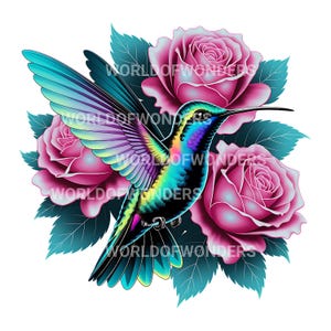 Puede incluir: Ilustraci&oacute;n vibrante de un colibr&iacute; con plumas iridiscentes, sobre un fondo de rosas rosas y hojas verde azulado. La imagen incluye el texto "WORLDOFONDERS" en blanco. Las alas del colibr&iacute; est&aacute;n extendidas, mostrando un espectro de colores.