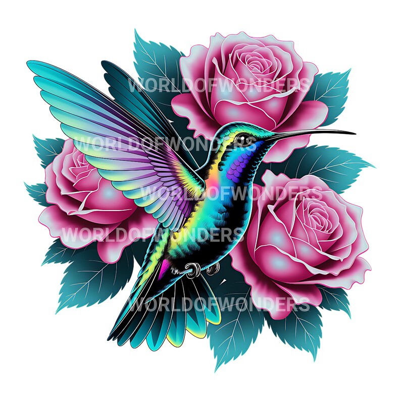 Puede incluir: Ilustraci&oacute;n vibrante de un colibr&iacute; con plumas iridiscentes, sobre un fondo de rosas rosas y hojas verde azulado. La imagen incluye el texto "WORLDOFONDERS" en blanco. Las alas del colibr&iacute; est&aacute;n extendidas, mostrando un espectro de colores.