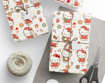 May include: Several wrapped gifts with a festive Hello Kitty pattern featuring the character in a Santa hat and red outfit. The gifts are tied with twine and have white tags. A ball of twine, scissors, and blank tags are also present.
