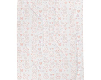 Kawaii Bunny Plush Throw Blanket, Pastel Hearts & Bows