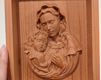 Solid wood carving mother and child 3D wood art