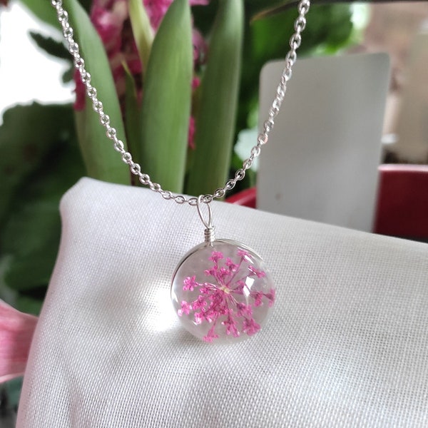 Collier fleur séchée rose / Bijoux végétal bulle de verre