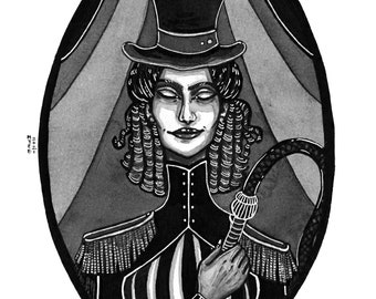 May include: Black and white illustration of a person in a circus ringmaster outfit, holding a whip. The person wears a top hat, a military-style jacket with epaulettes, and a striped vest. The background shows a circus tent.