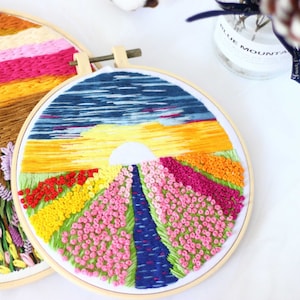 Sunrise Embroidery Kit For Beginner | Modern Embroidery Kit with Pattern | Flowers Embroidery Full Kit with Needlepoint Hoop| DIY Craft Kit
