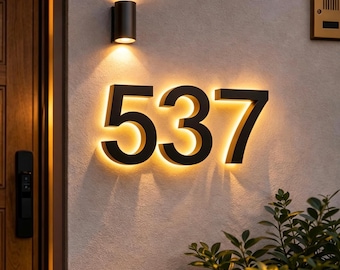 Custom address sign, Backlit Number Sign, House Number Sign, Halo lit Shop address sign, Outdoor sign, LED Metal Letters, Letters for wall