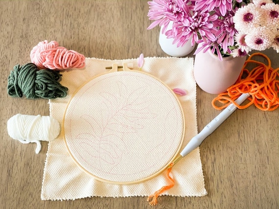 Leaf Punch Needle Kit DIY Craft Supplies Beginner Needlepoint Hoop Cross  Stitch Birthday Gift 