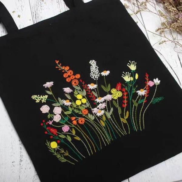 Embroidery Bag Kit For Beginner | Modern Embroidery Kit with Pattern | Flowers Embroidery Full Kit with Needlepoint Hoop| DIY Craft Kit