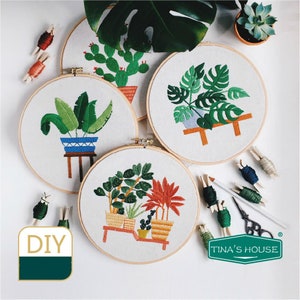 Plant Embroidery Kit For Beginner | Modern Embroidery Kit with Pattern | Flowers Embroidery Full Kit with Needlepoint Hoop| DIY Craft Kit