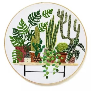 Kit de bordado de plantas para principiantes / Kit de bordado moderno con patrón / Kit completo de bordado de flores con bastidor de bordado / Kit de manualidades DIY