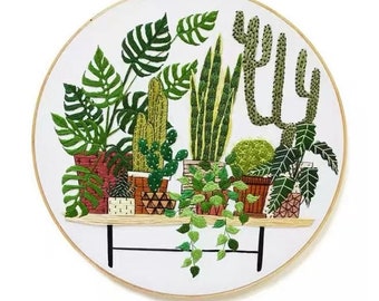 Plant Embroidery Kit For Beginner | Modern Embroidery Kit with Pattern | Flowers Embroidery Full Kit with Needlepoint Hoop| DIY Craft Kit