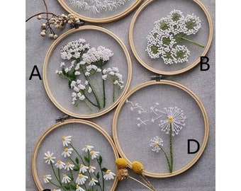 Transparant borduurpakket voor beginners | Madeliefje bloemen patroon | Bloemenborduurwerk Volledige set met borduurring| DIY-knutselpakket