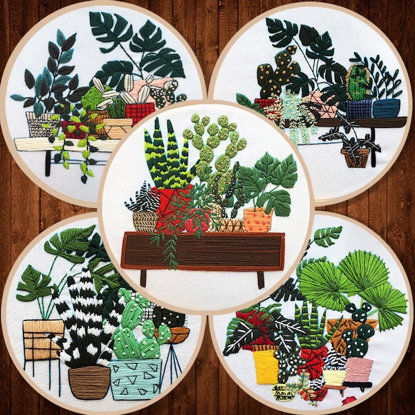 Plant Embroidery Kit For Beginner | Modern Embroidery Kit with Pattern | Flowers Embroidery Full Kit with Needlepoint Hoop| DIY Craft Kit