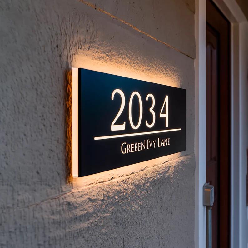 Custom LED House Number – Modern Illuminated Acrylic Sign, 16cm (6"), Warm White Light, Waterproof, For Home, Hotel, Address Plaque