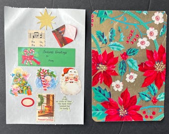 May include: A festive Christmas-themed collage featuring a gold star, sheet music, and various holiday stickers, including Santa Claus and candy canes. A decorative card with red poinsettias and holly.