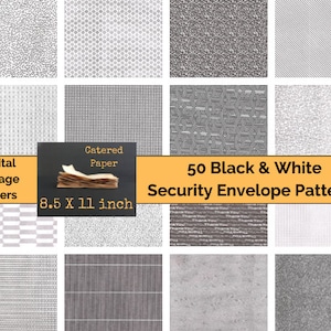 50 hojas de collage digitales de patrones de sobres de seguridad en blanco y negro: perfecto para kit de diario basura, fondos de álbumes de recortes, libro de pociones