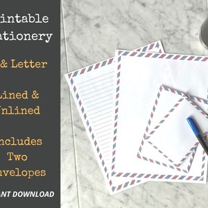Papelería imprimible con borde de correo aéreo: tamaño A4 + carta de 8,5 x 11 + 2 sobres, con y sin forro, descarga digital para cartas escritas, notas y memorandos