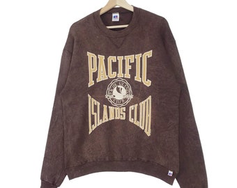 Vintage 90’s Pacific Island Club Sweatshirt Spellout Logo Pullover Jumper Club Guam Brown Stone Wash Sweatshirt Medium Size Made In USA