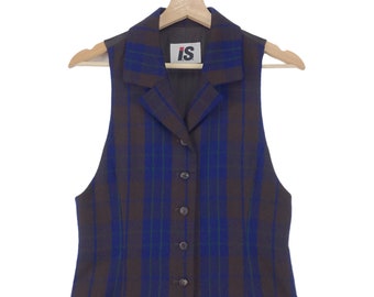 Vintage Issey Miyake Tartan Vest Button Fashion Designer Blue Checked Vest Made In JAPAN