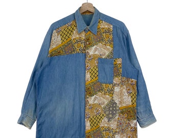 Chemise boutonnée en patchwork Lancel Paris vintage Chemise à motif cachemire avec une poche, grande taille