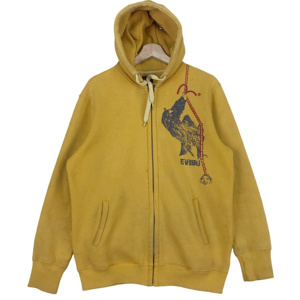 Vintage Evisu Sweatshirt Hoodie sweater Zipper Embroidered Logo Sun Faded Yellow Japanese Fashion Sweatshirt Size Large