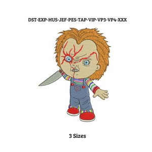 May include: Embroidered design of a red-haired doll with a stitched-up face holding a knife. The doll is wearing a blue overall with a striped shirt and red shoes. The design is available in three sizes.