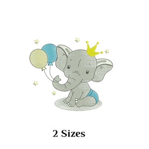 Elephant embroidery design with crown and balloons - Elephant embroidery - Elephant embroidery file- Elephant crown embroidery