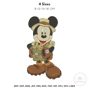 May include: Embroidered design of Mickey Mouse dressed as a hiker, wearing a brown hat, a green and brown vest, and brown hiking boots. The design is available in four sizes: 9 cm, 12 cm, 14 cm, and 16 cm.