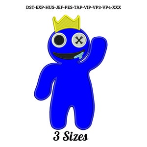 Może przedstawiać: Niebieska postać z kreskówki z żółtą koroną, jednym okiem i X zamiast drugiego oka. Postać ma czarne usta i niebieską ślinę spływającą z ust. Postać macha prawą ręką. Tekst "3 Sizes" znajduje się pod postacią.