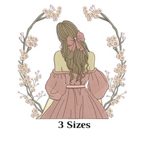 Girl Embroidery Designs - Embroidery Drawing Machine Embroidery Girl Floral Frame - Girl with Floral Embroidery File - Floral Embroidery