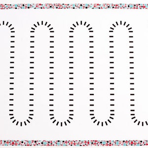 May include: A white rectangular domino map featuring a winding path of black rectangular markers arranged in a continuous serpentine pattern. The border is decorated with a mosaic of small red, black, and light blue rectangles. Text reads DOMINO MAPS BY GREEN LAKE LEARNING.