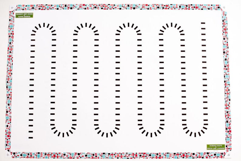 May include: A white rectangular domino map featuring a winding path of black rectangular markers arranged in a continuous serpentine pattern. The border is decorated with a mosaic of small red, black, and light blue rectangles. Text reads DOMINO MAPS BY GREEN LAKE LEARNING.