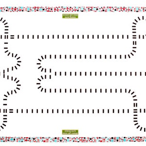 May include: A rectangular white domino map with a border of small red, black, and light blue squares. The center features a black path of domino icons forming a complex track with loops and straight lines. Text reads Domino Maps & Green Lane Learning.