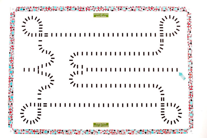 May include: A rectangular white domino map with a border of small red, black, and light blue squares. The center features a black path of domino icons forming a complex track with loops and straight lines. Text reads Domino Maps & Green Lane Learning.