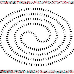 May include: A rectangular white poster featuring a central spiral pattern composed of small black rectangles. The border consists of a mosaic of tiny red, black, and light blue squares. The text "DOMINO MAPS BY GREEN LAKE LEARNING" appears twice.