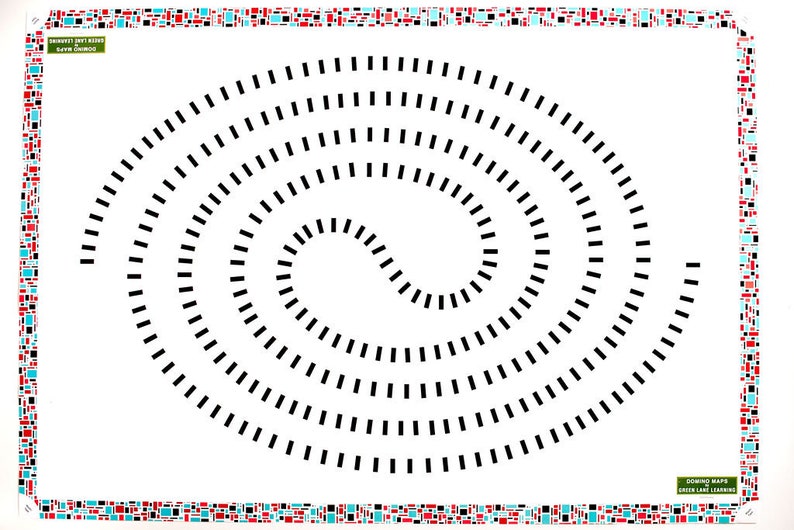 May include: A rectangular white poster featuring a central spiral pattern composed of small black rectangles. The border consists of a mosaic of tiny red, black, and light blue squares. The text "DOMINO MAPS BY GREEN LAKE LEARNING" appears twice.