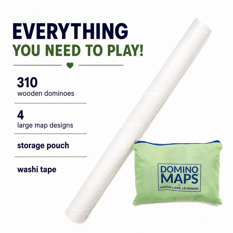 May include: A set of 310 wooden dominoes, 4 large map designs, a storage pouch, and washi tape. The text reads: EVERYTHING YOU NEED TO PLAY! 310 wooden dominoes, 4 large map designs, storage pouch, washi tape. A green pouch features the text DOMINO MAPS.