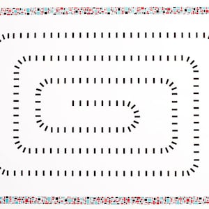 May include: A rectangular white game mat featuring a central black spiral pattern made of small rectangles. The border consists of a mosaic of tiny red, black, and light blue squares. The text "DOMINO MAPS GREEN LANE LEARNING" is printed in green.