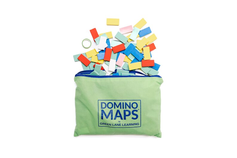 May include: A light green fabric pouch with a blue zipper, featuring the text "DOMINO MAPS by GREEN LANE LEARNING" in blue. A collection of small, rectangular wooden dominoes in red, yellow, blue, white, and light green are spilling out of the top.