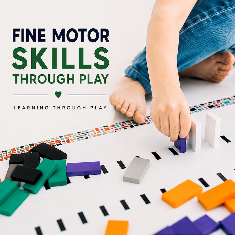 May include: A set of colorful rectangular wooden blocks used for stacking and play, arranged on a white surface with black markings. The text FINE MOTOR SKILLS THROUGH PLAY and LEARNING THROUGH PLAY is visible in the upper left corner of the image.