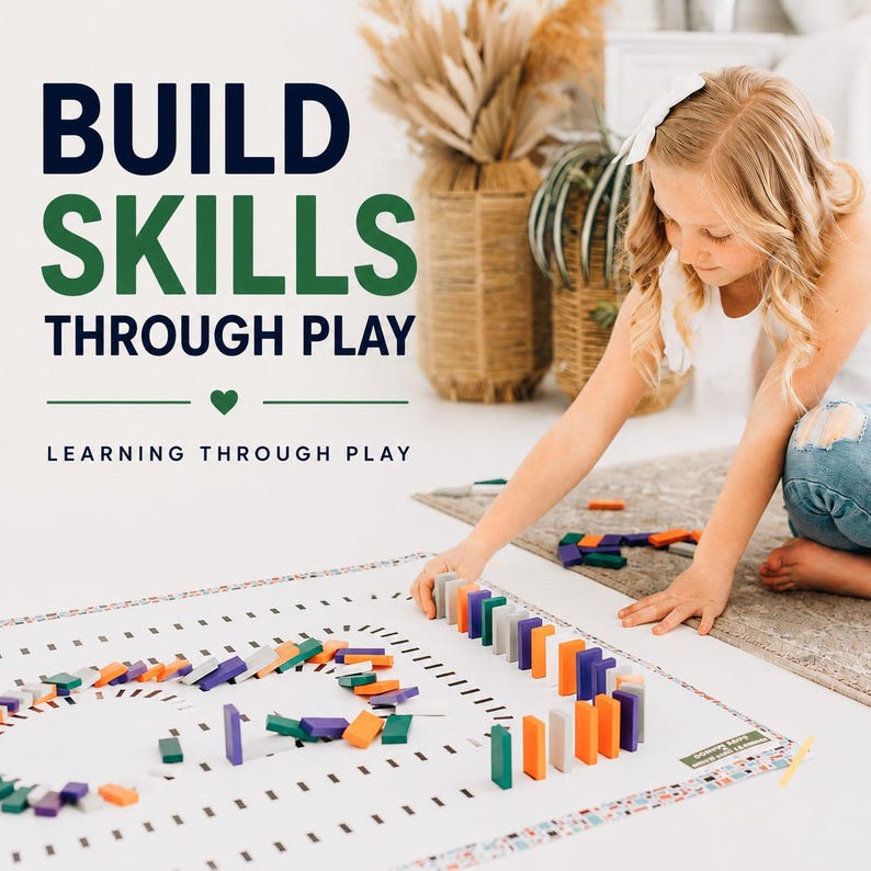 May include: A white play mat with black dashed lines and a colorful set of rectangular dominoes arranged in a track. The text reads BUILD SKILLS THROUGH PLAY and LEARNING THROUGH PLAY with a small green heart icon between the two phrases.