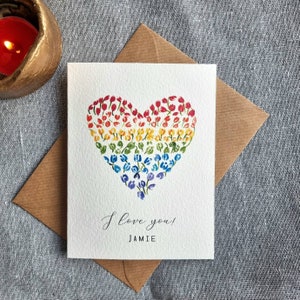 Personalised Anniversary Card for boyfriend, girlfriend, partner, husband, wife Handmade Rainbow Love Heart image 1