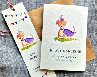 Coronation King Charles III | Royal Dog Card and Bookmark Bundle | Handmade Watercolour | gold handcrafted | Royal Family | dog lover,