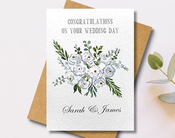 Personalised Wedding Card | White Roses | Marriage | Newlyweds Bride and Groom | Mr & Mrs | Just Married | Handmade Watercolour Card